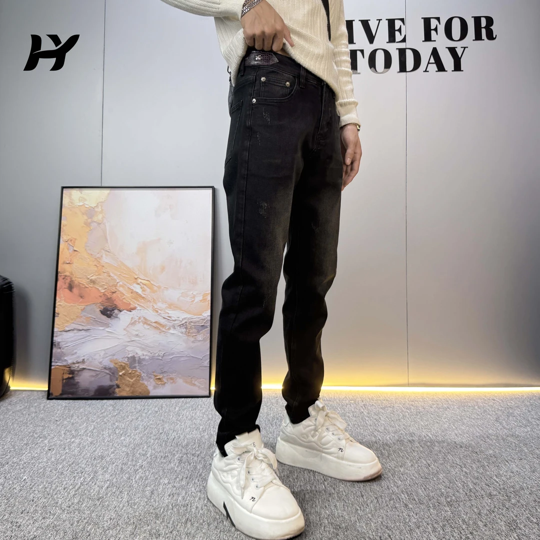 新款秋冬痞帅黑色简约牛仔裤男士修身小脚裤时尚弹力百搭牛仔长裤