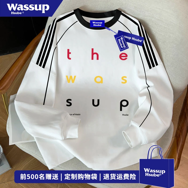 WASSUP HSUBE 高街风美式字母印花条纹拼接上衣秋季百搭纯棉长袖