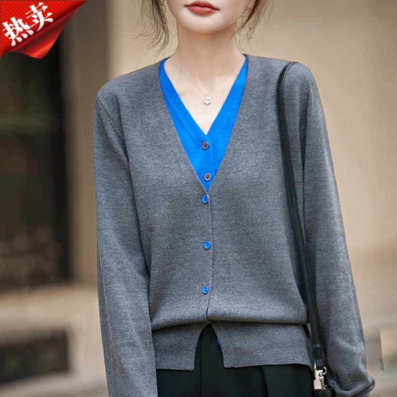 时尚品牌正品精纺羊毛假两件撞色针织开衫气质通勤V领上衣秋冬