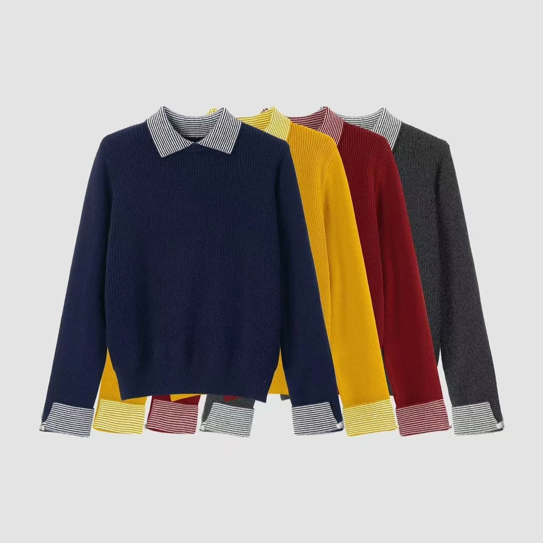 江洲JIANGZ秋冬藏青色简约韩系假两件翻领套头针织衫内搭打底毛衣