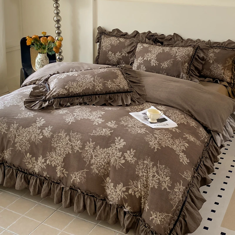 秋冬新品加厚法式复古水洗原麻花边四件套家用不起球床上用品被套