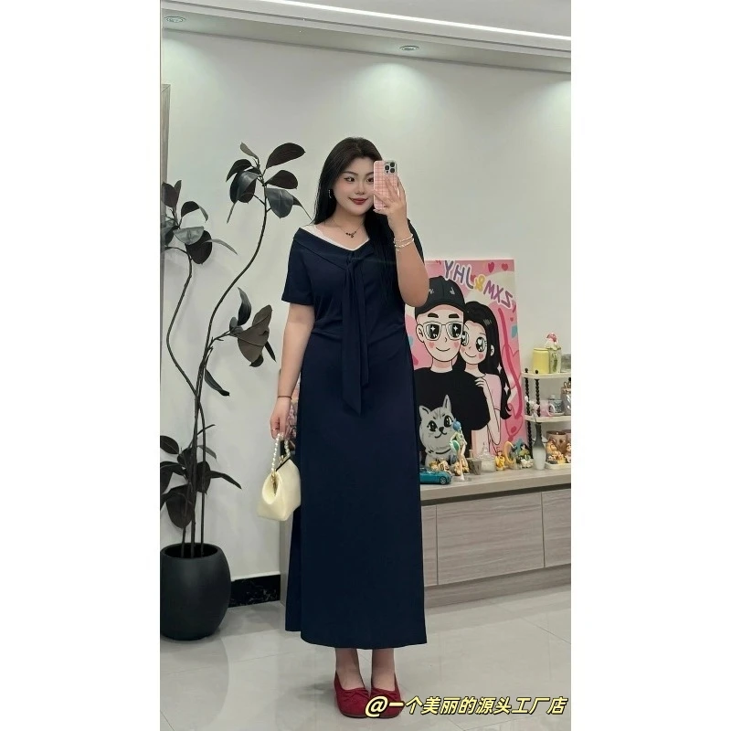 大码微胖法式纯欲蕾丝花边V领夏季显瘦连衣裙251286#