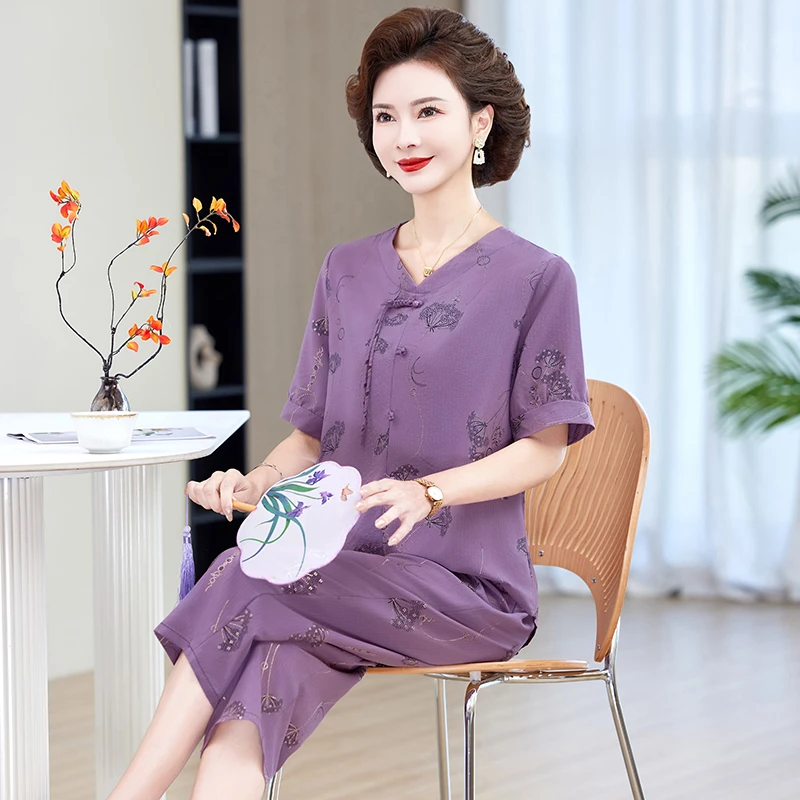 中老年妈妈装薄款宽松女装夏季居家休闲舒适纯色百搭透气短袖套装