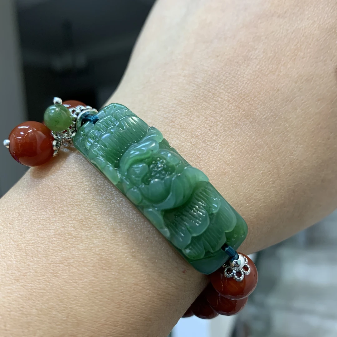 和田玉碧玉牡丹花手牌手链手串