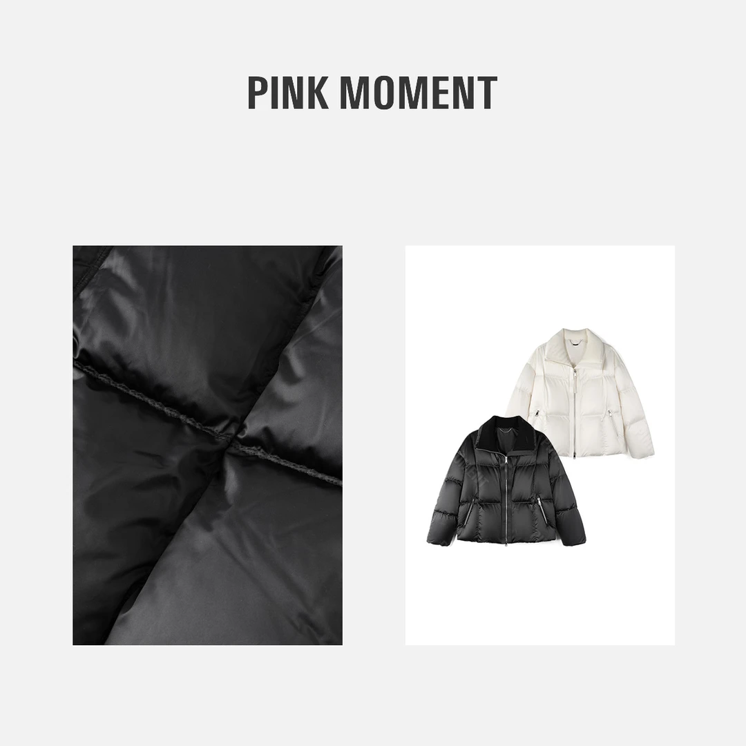 PM王囡囡 白/黑净色毛织拼接双层立领桑蚕丝鹅绒服 ND1D1900