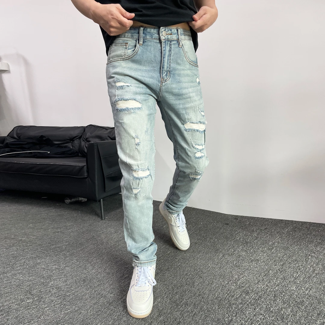 长裤新款修身高奢2025休闲春秋百搭牛仔裤男小脚浅色破洞弹力欧货