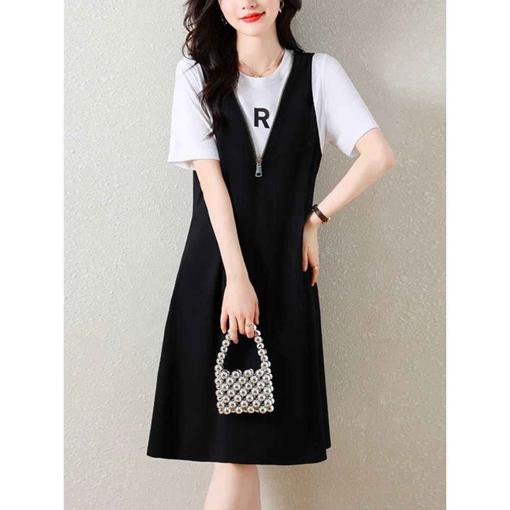 大码女装2025夏季新款洋气时尚假两件背带裙胖妹妹显瘦字连衣裙