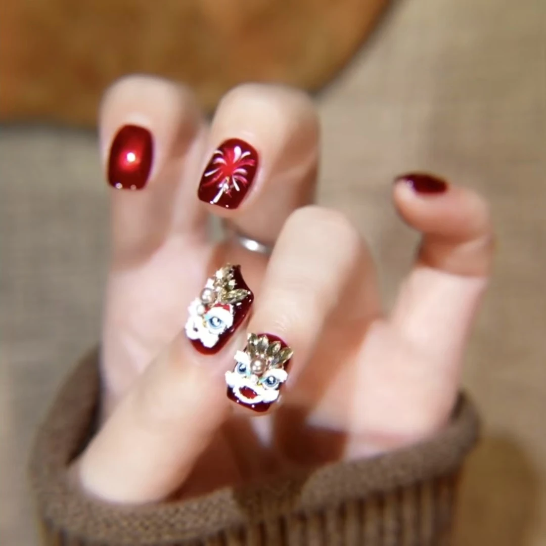 【新人福利】纯手工穿戴红色猫眼国潮醒狮立体手绘国风爆闪美甲贴片