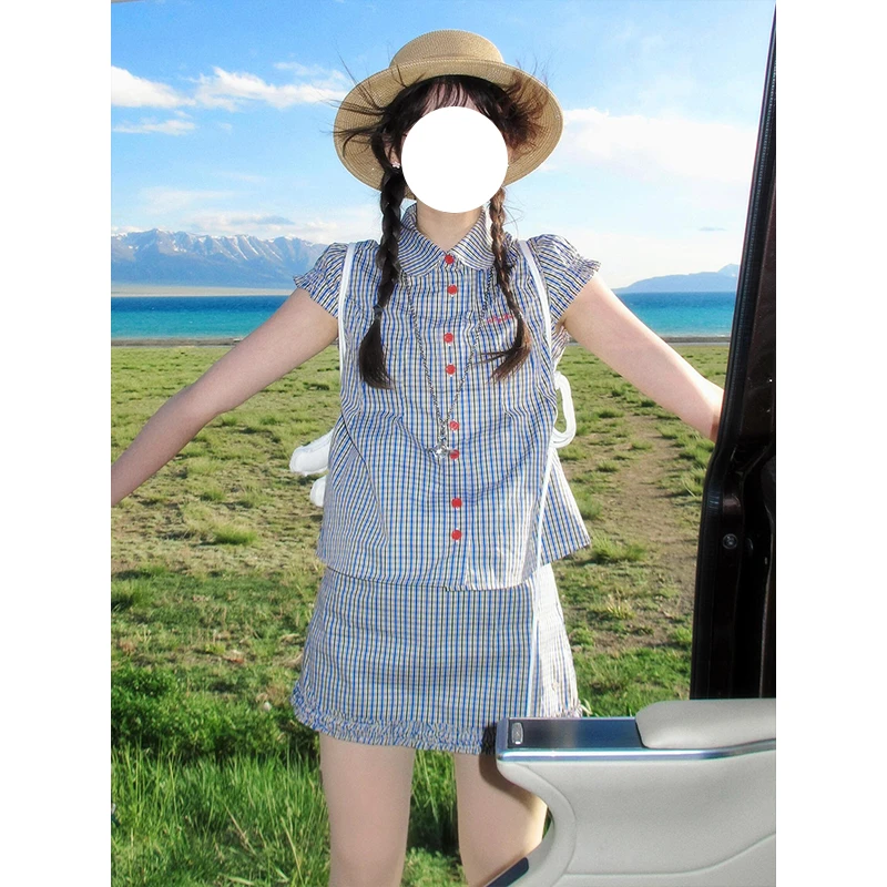 韩系格子小飞袖衬衫连衣裙女夏季2025新款复古绝美学院风套装短裙