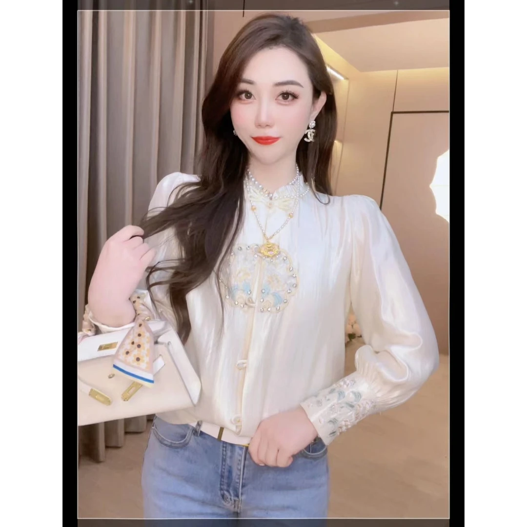 【珊瑚情】重工钉珠刺绣气质百搭春夏绣花中国风衬衫上衣女24Y22