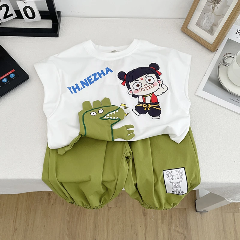 哪吒童装套装2025新款儿童无袖长裤夏季衣服宝宝男孩卡通薄款两件