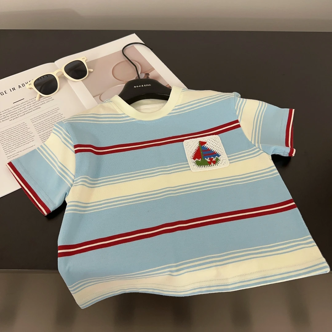 【两个小盆友】2025夏季儿童韩版宽松条纹纯棉休闲短袖男童T恤0551