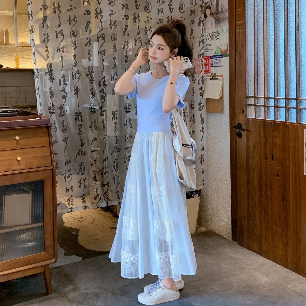 2025夏季新款韩系减龄蓝色拼接连衣裙女设计感显瘦休闲遮肉长裙子