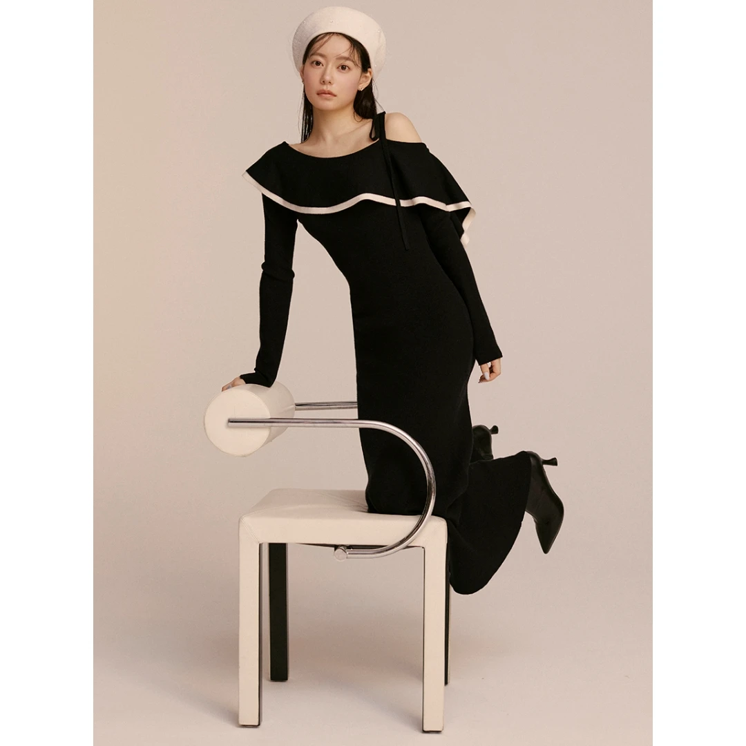 【TaKuMi】日系品牌 明星杂志款S荷叶边一字领缎带针织连衣裙