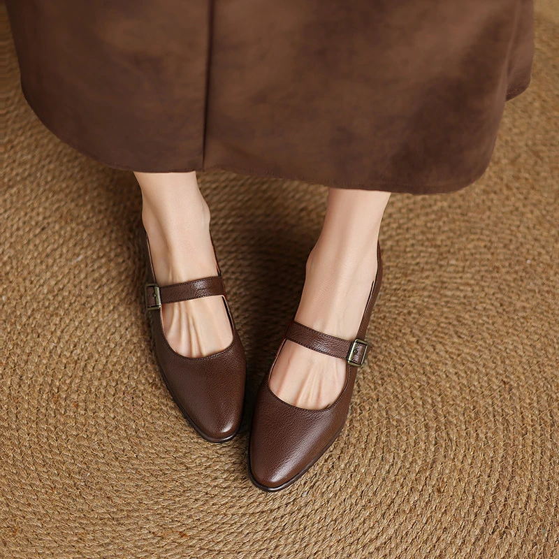 范斯玛手工英伦风真皮一字扣带玛丽珍鞋女圆头低跟奶奶鞋方跟单鞋