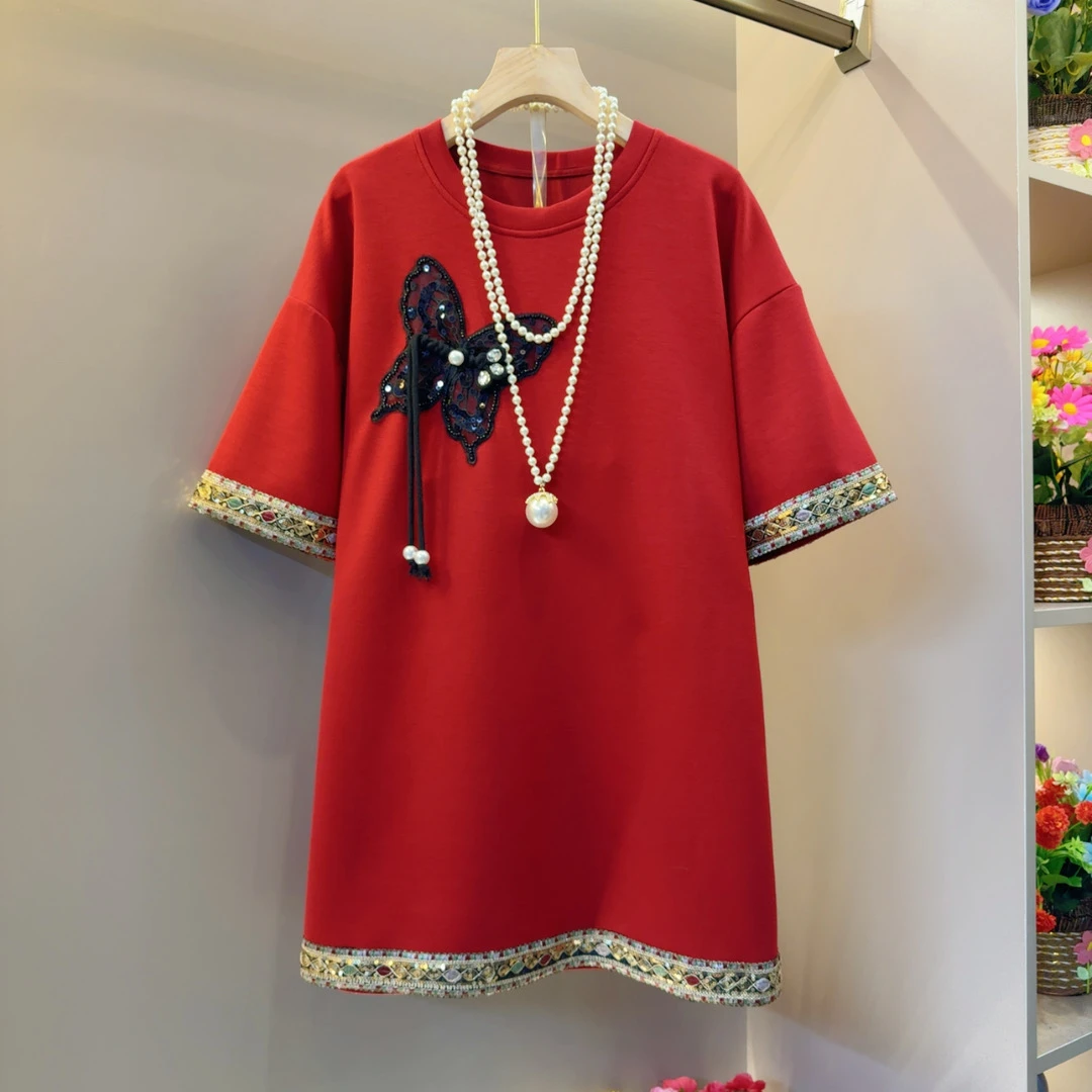 洋气时尚国风休闲百搭亮片拼接流苏T恤衣长76左右