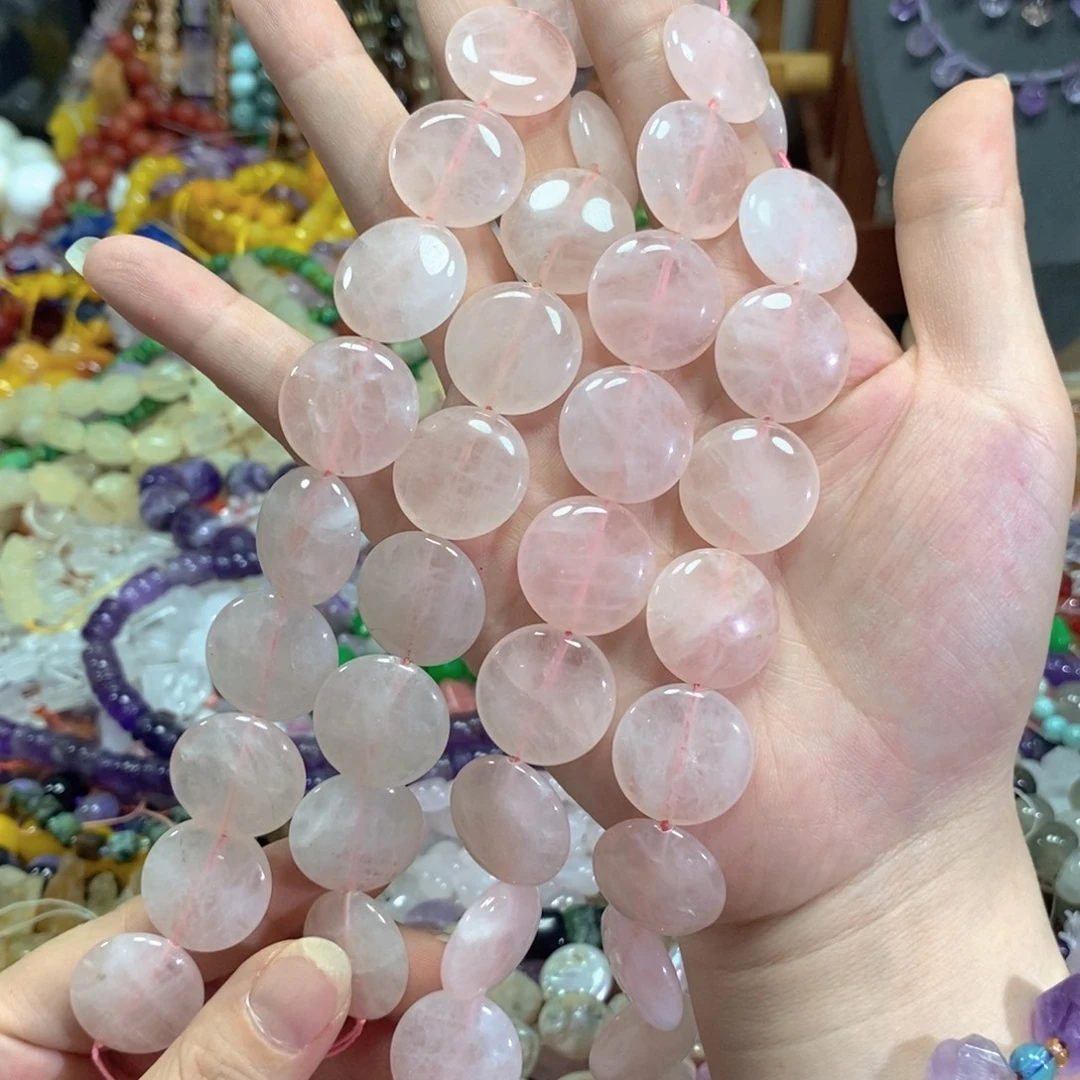 玛瑙/玉髓足银镀金镶嵌珠宝半成品粉晶圆饼一条卡20mm