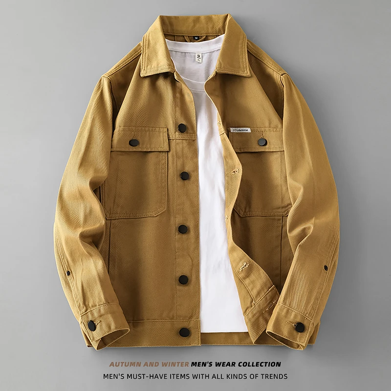 景君澜-轻奢潮流复古工装夹克卡其色美式牛仔衣百搭休闲夹克衬衫