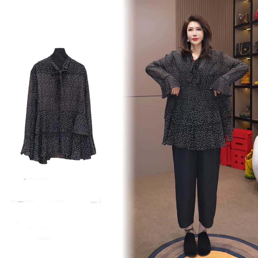 66052#《榜衣》韩版早春新款时尚复古风波点系带雪纺长袖衫百搭显瘦