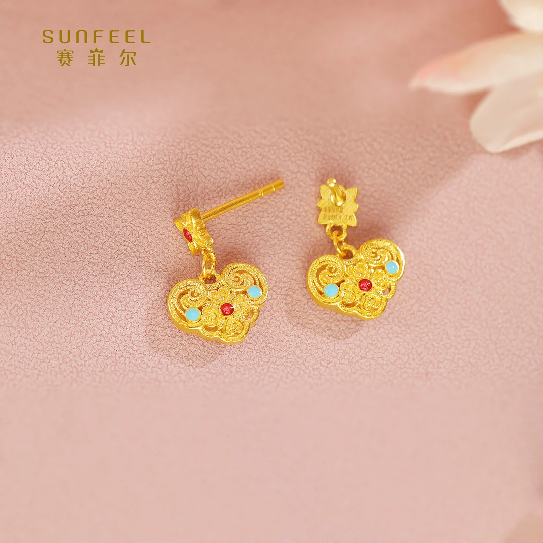 SUNFEEL/赛菲尔【三店】足金炫彩古法金珐琅如意黄金耳吊HR45020517