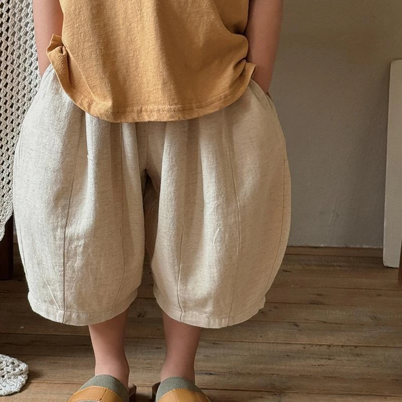 2025新款夏季儿童亚麻休闲裤透气舒适男女童百搭宽松短裤潮款