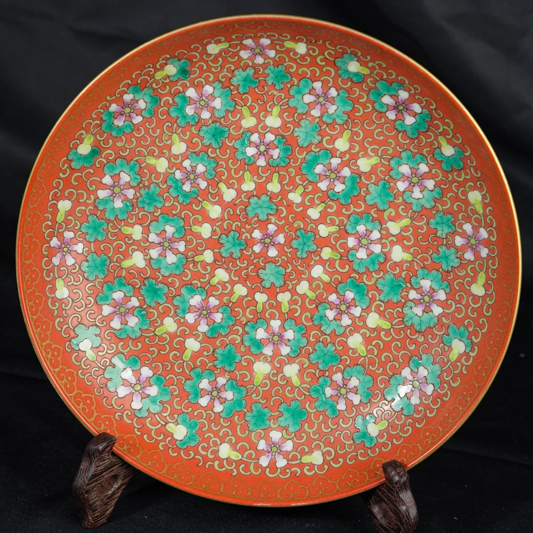 清代同治珊瑚红描金福禄寿喜福寿连绵盘BZYDM01077