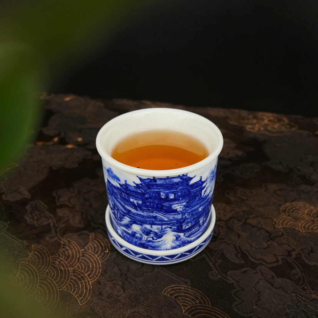 青花楼阁山水转转杯景德镇纯手工手绘重工青花喝茶陶瓷品茗主人杯