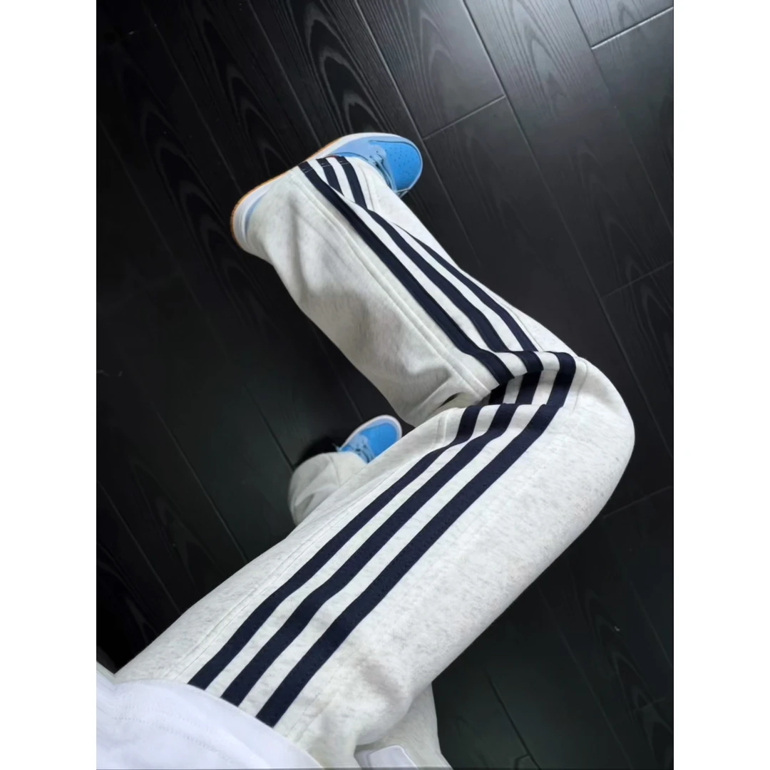 美式街头三条杠卫裤男女秋冬季宽松直筒休闲裤运动裤重磅阔腿长裤