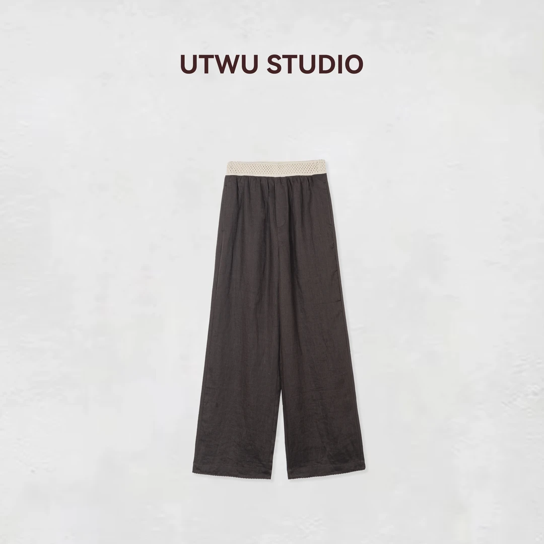 UTWU小敏「百穿不腻」夏凉感亚麻编织腰头休闲松紧腰阔腿裤S25K1027
