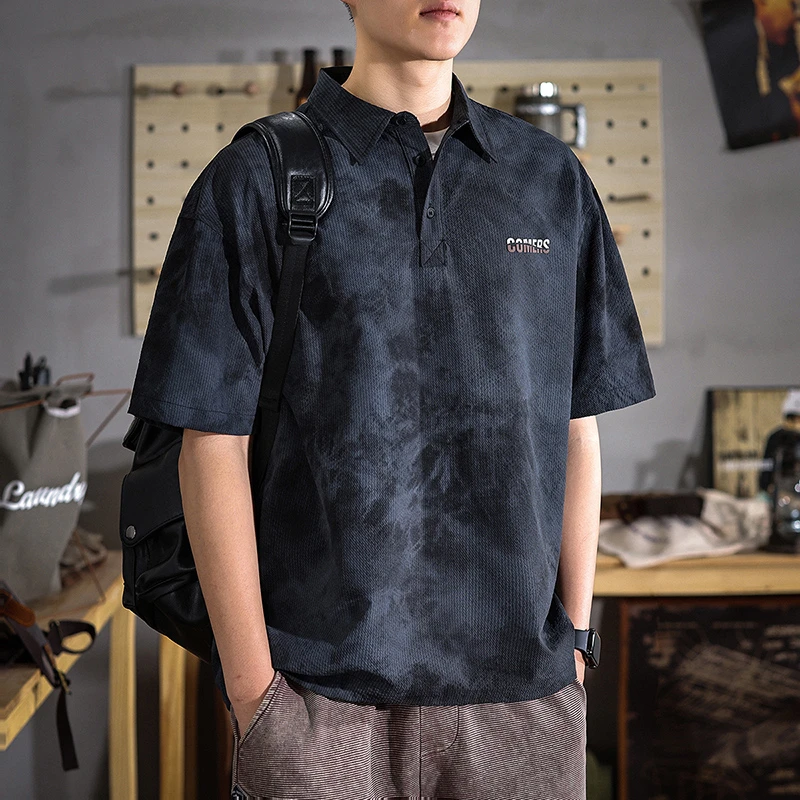 美式潮牌云染短袖polo衫男宽松大码翻领夏季男t恤短袖