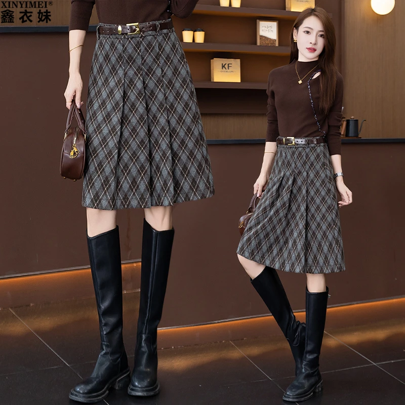 百褶裙毛呢格子半身裙女显瘦a字伞裙2025秋冬新款中裙包臀一步裙