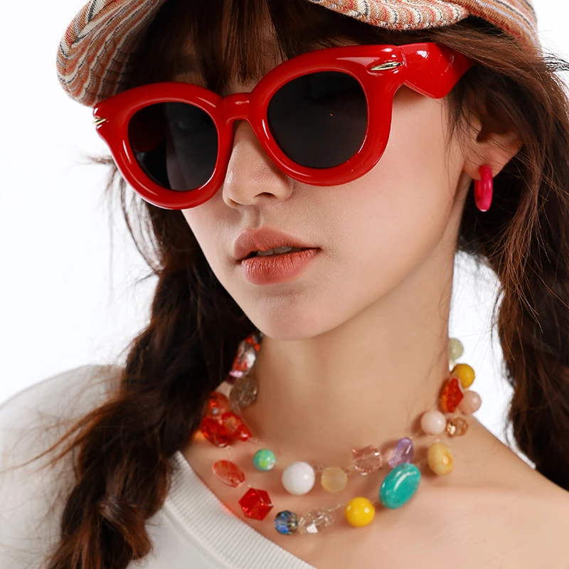 冷大娘 红色圆形太阳镜个性大框镜可爱遮阳防紫外线镜框亲子款