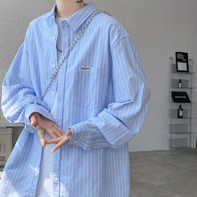 25新款高品质宽松竖条纹情侣装粉色长袖衬衣衬衫休闲百搭小众男女