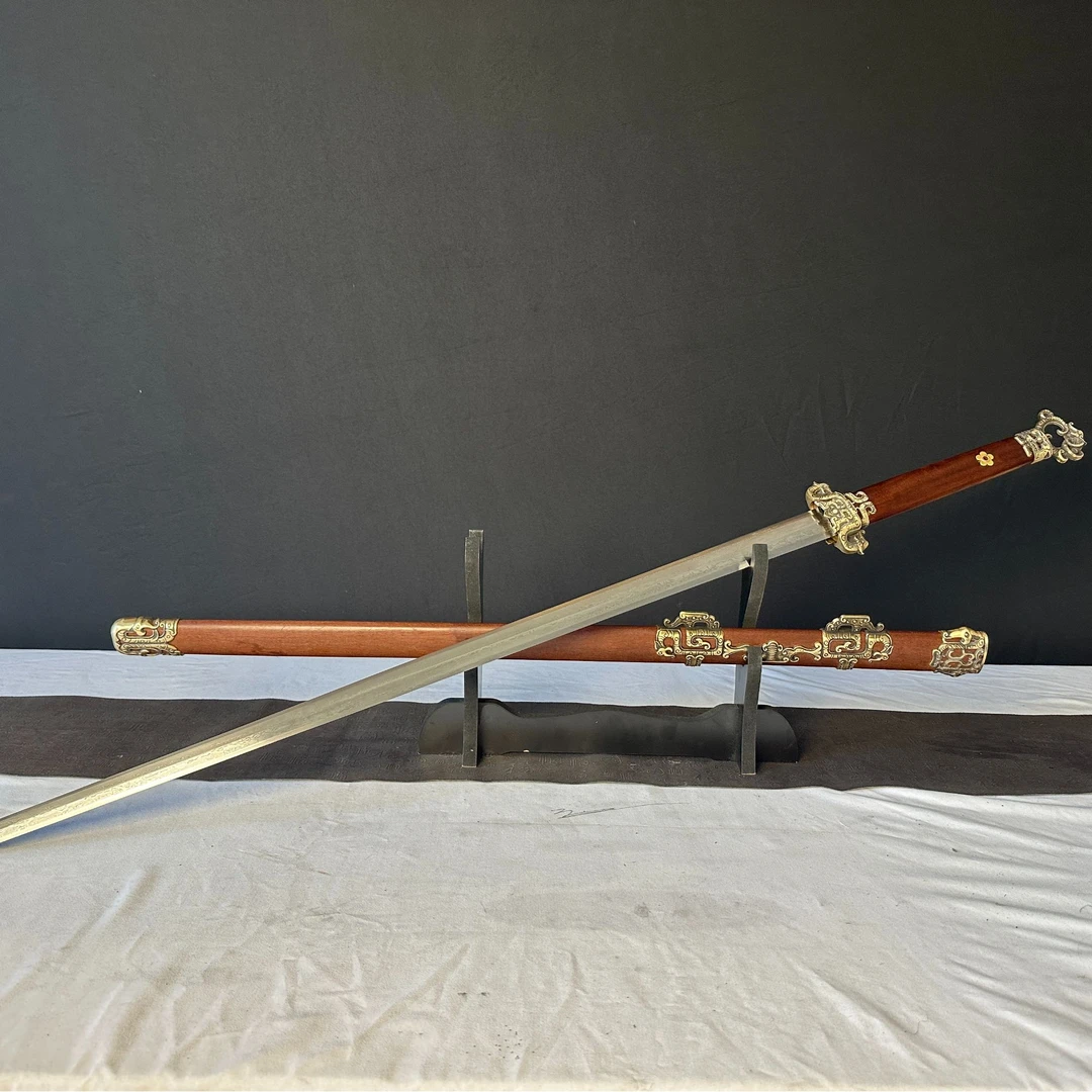 【天祥唐剑】八面百炼花纹钢   重蚁木  纯铜装具  未开刃摆件收藏
