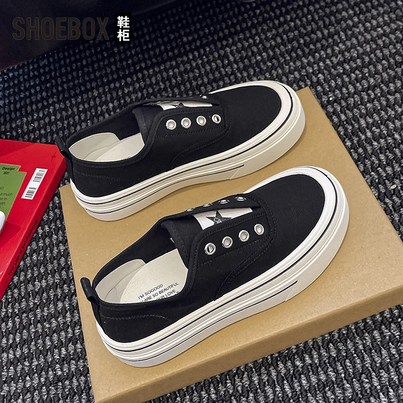 SHOEBOX鞋柜厚底松紧一脚蹬帆布鞋女2025新款百搭透气休闲鞋板鞋