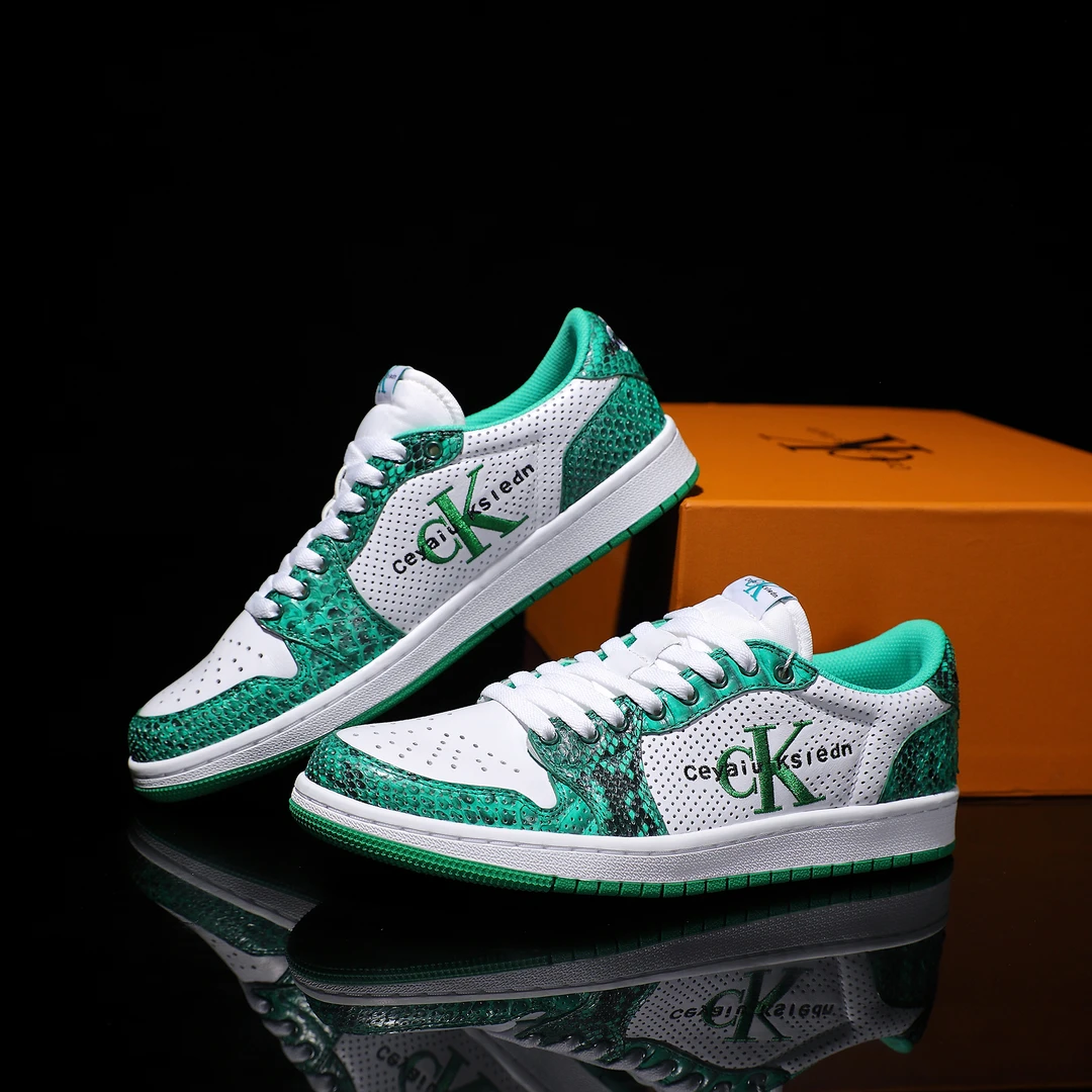 CEYAIU KSLCDN正品真皮绿白蛇皮+牛皮镂空透气低帮板鞋时尚轻奢
