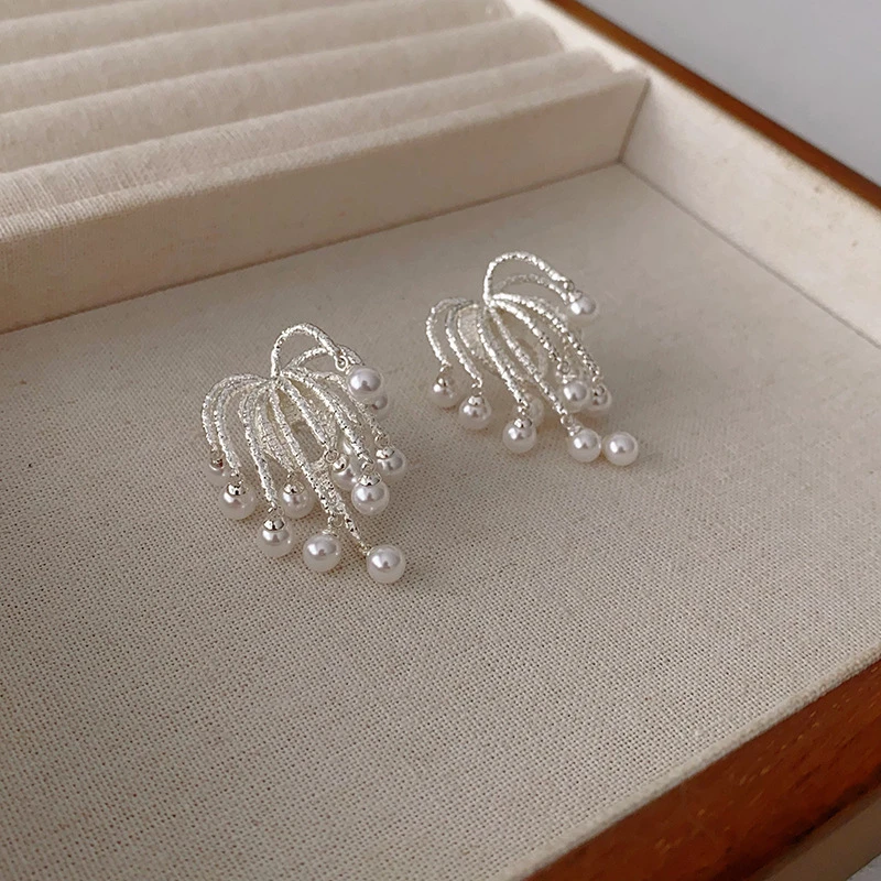 足银仿珍珠耳饰pinkdri**le同款流苏烟花瀑布耳钉小众925银针耳钉