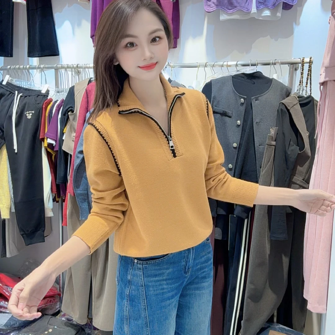 843小个子显瘦半拉链翻领撞色针织秋冬上衣