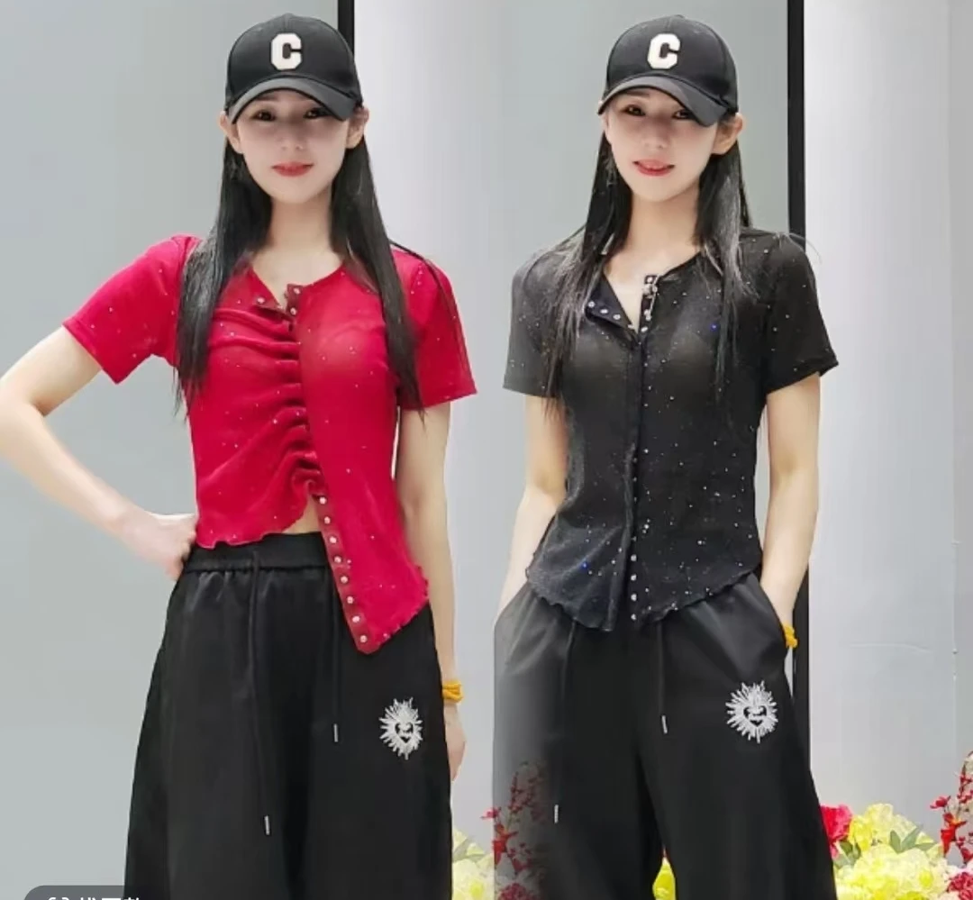 6839升级款修身两穿暗扣珠光纱半袖 短袖体恤修身显瘦开衫