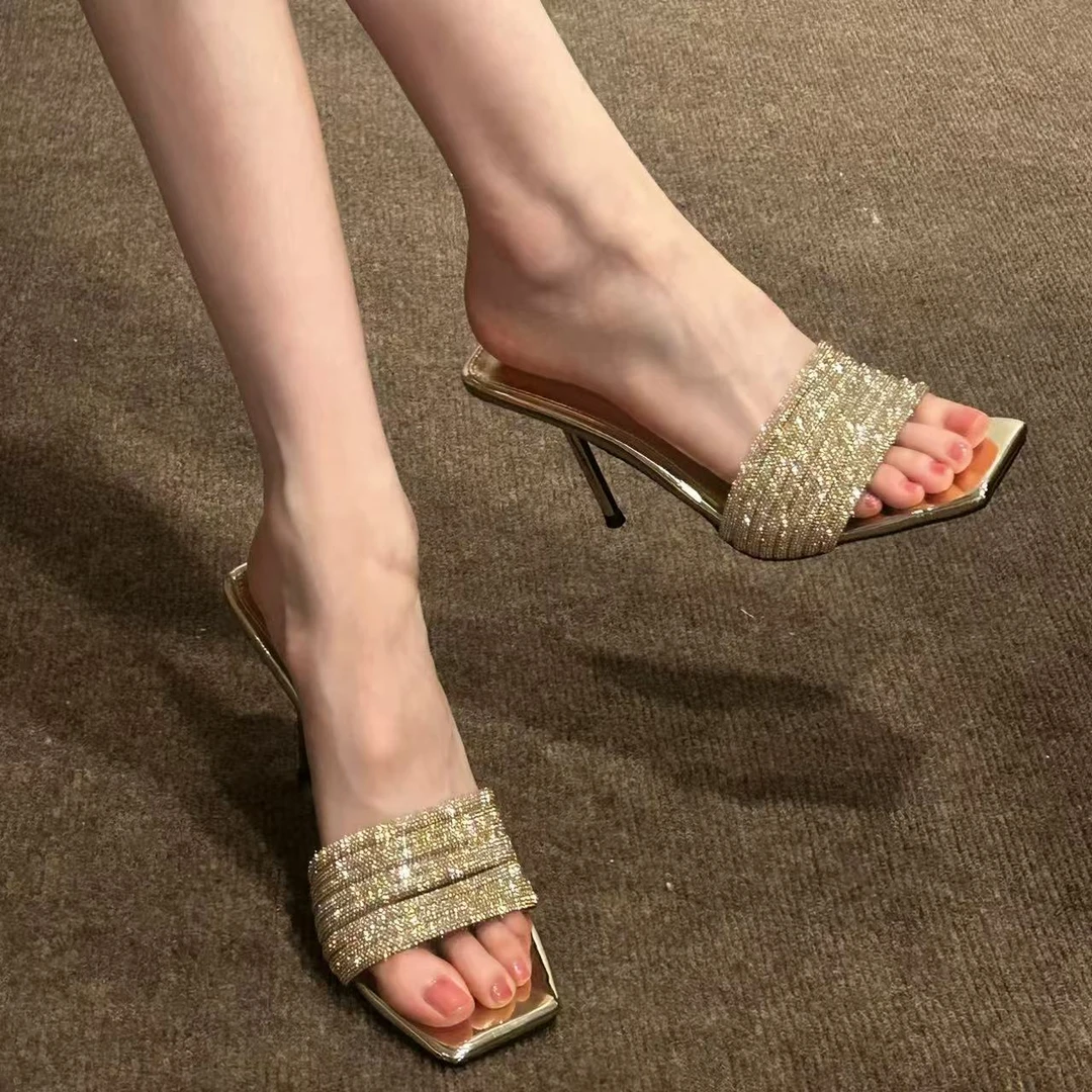 珍美雅家新款方头银色水钻细跟一字带凉鞋仙女风露趾高跟凉拖鞋女