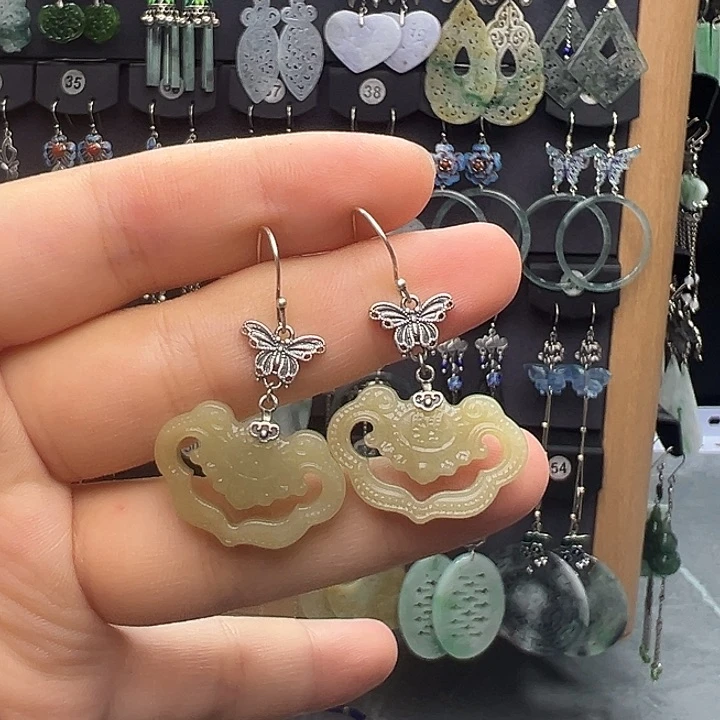 娟***和田玉银S925镶嵌耳饰