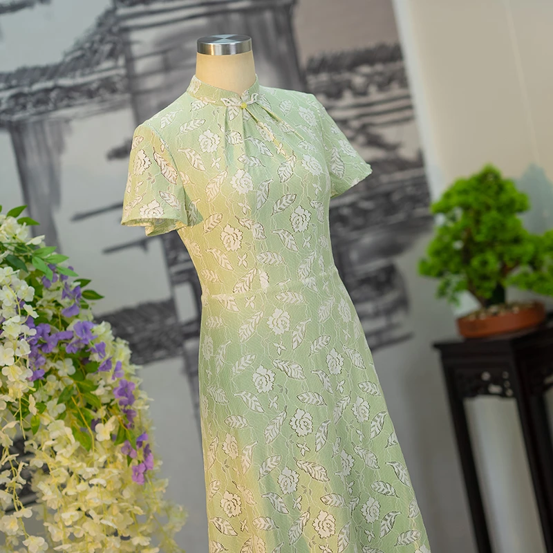 手工旗袍56206 新中式蕾丝旗袍改良A版裙气质优雅日常夏季中长款