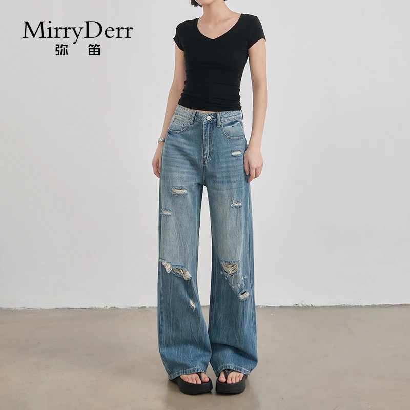 MirryDerr/弥笛美式破洞阔腿牛仔裤女2025夏季新款垂感直筒拖地裤