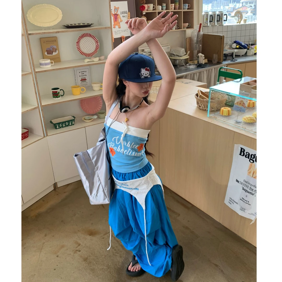 am布丁美式复古花朵印花抹胸背心女夏季辣妹修身外穿无袖短款上衣