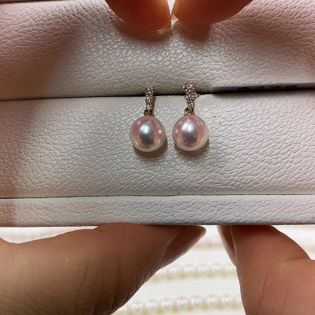 海水珍珠18K金镶嵌耳饰7-7.5m日本海水珍珠耳钉（天女品质）