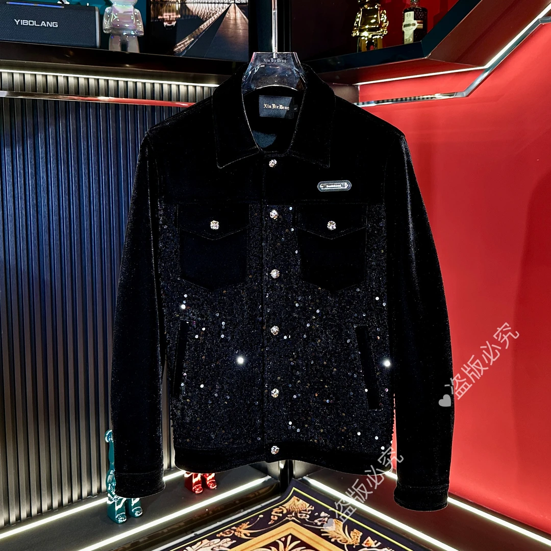 【嘉衫】 25新款加绒加厚男士小众潮流金丝绒夹克亮片拼接黑6607