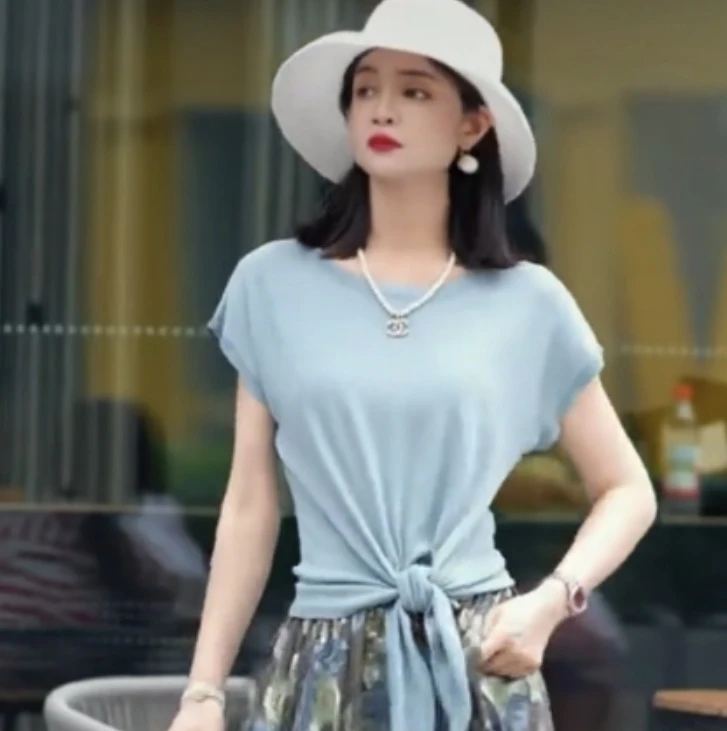 湖蓝色设计感洋气绑带上衣薄款短袖2025夏季气质针织衫圆领T恤