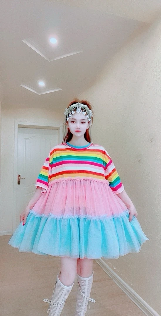 【面条家】5257#夏季仙仙彩虹纱纱拼接连衣裙