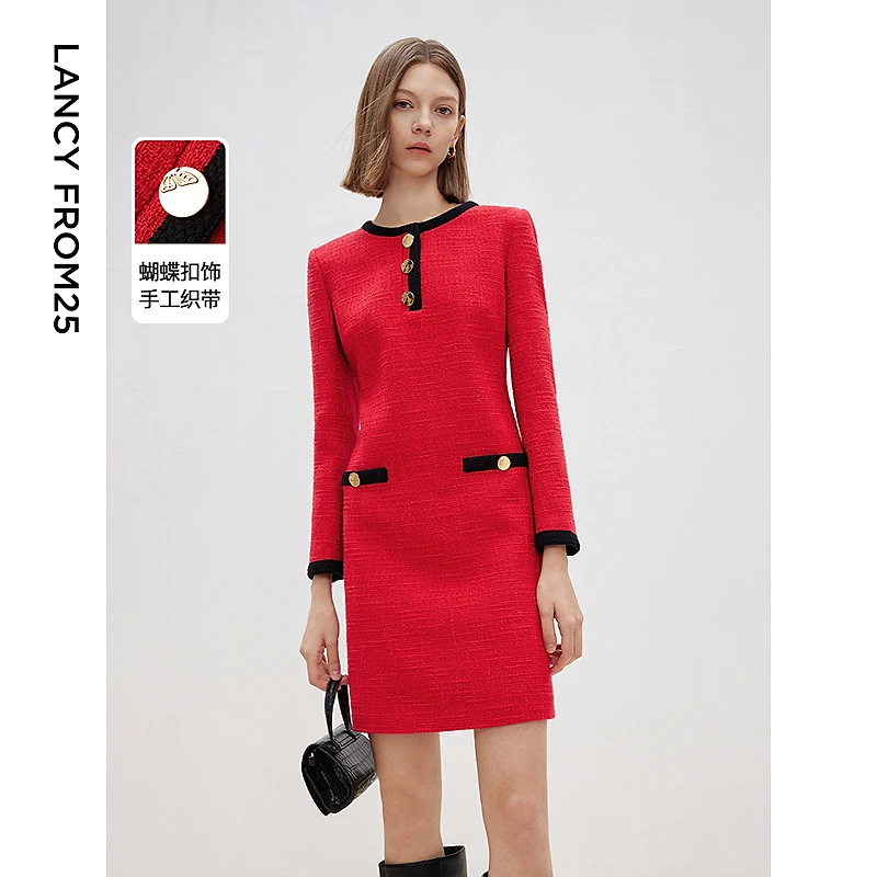 朗姿法式小香风高级感短款红色气质a字裙2025春季新款长袖连衣裙