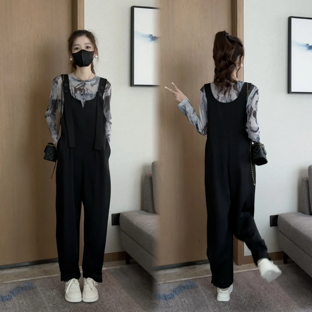 2025休闲时尚背带裤子+水墨上衣两件套阔腿连体减龄薄款套装